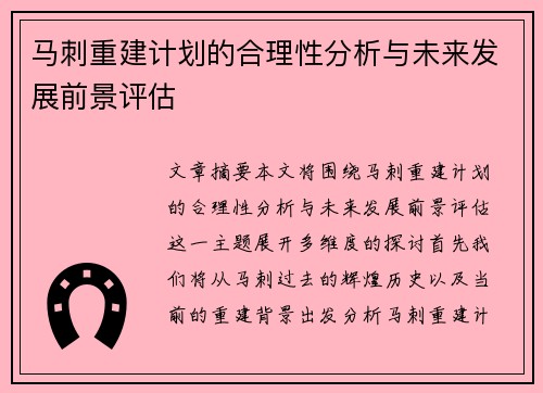 马刺重建计划的合理性分析与未来发展前景评估
