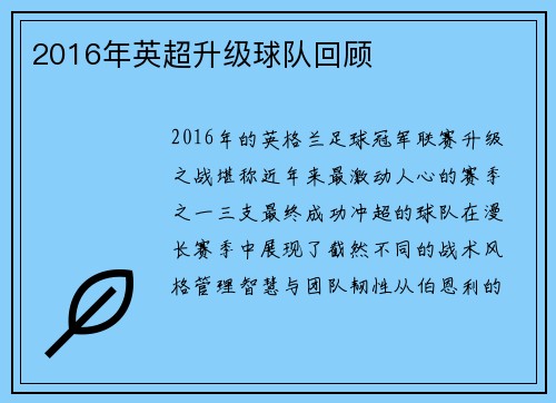 2016年英超升级球队回顾