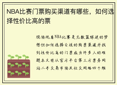 NBA比赛门票购买渠道有哪些，如何选择性价比高的票